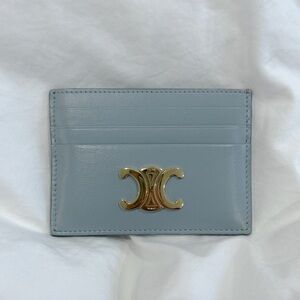 Celine Calfskin Triomphe Card Holder in Icy Blue Gold Accent